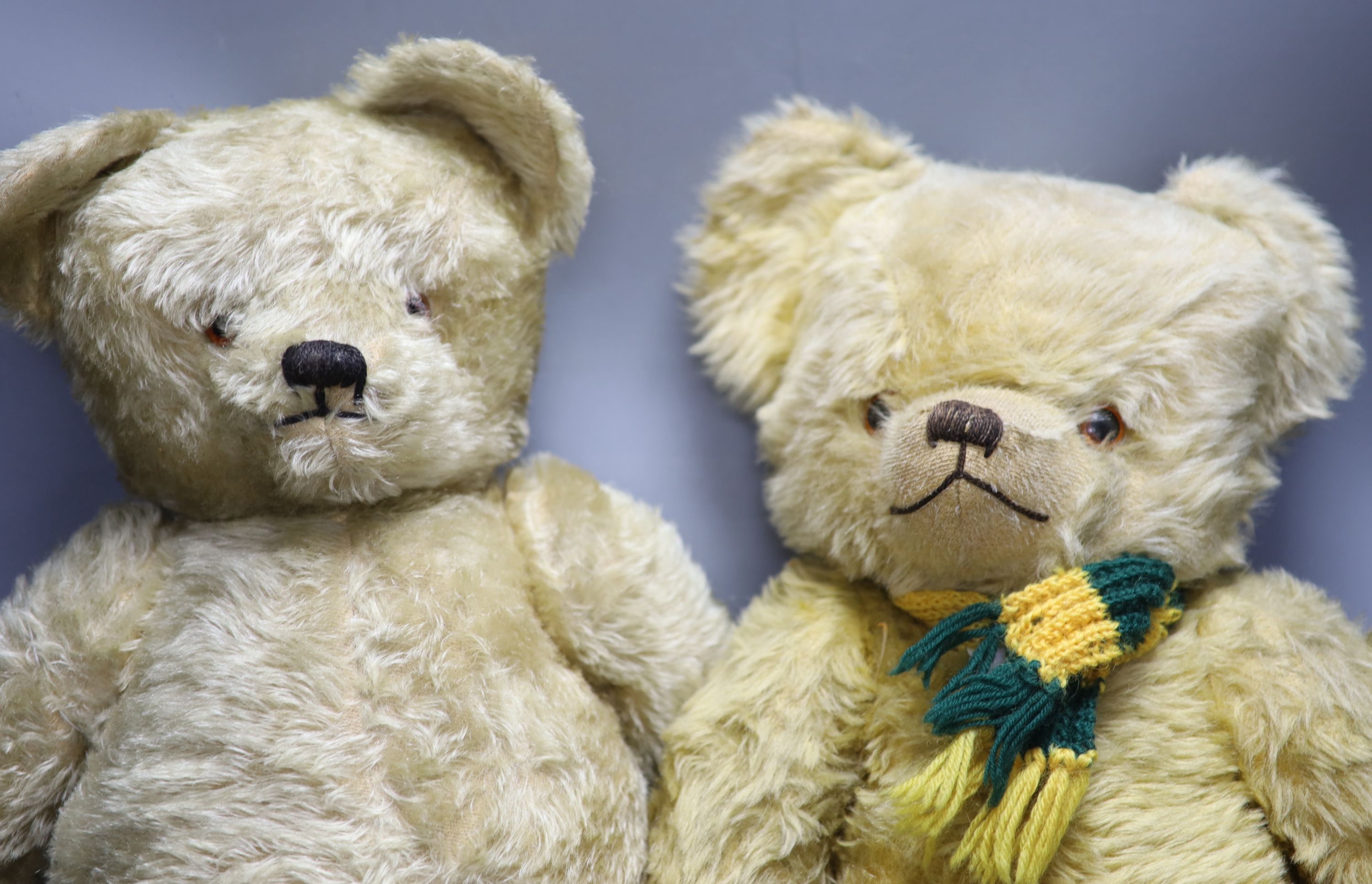 A pale blond Deans 1950s English teddy, 26in., rexine paws, good condition and a 1950s English bear, Deans Ragbook Childsplay label